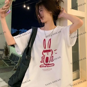 Kadın Beyaz Tavşan Baskılı Oversize