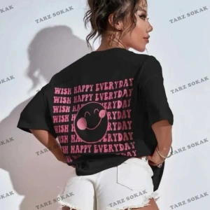 Kadın Beyaz Wish Happy Everyday Baskılı Oversize
