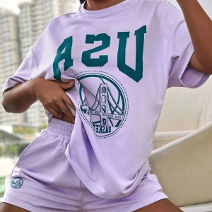 Kadın Beyaz Yeşil Usa Baskılı Bisiklet Yaka Tshirt