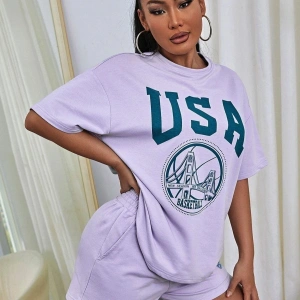 Kadın Beyaz Yeşil Usa Baskılı Bisiklet Yaka Tshirt
