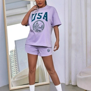 Kadın Beyaz Yeşil Usa Baskılı Bisiklet Yaka Tshirt