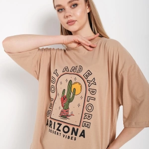 Kadın Camel Oversize Arizona Baskılı T-shirt
