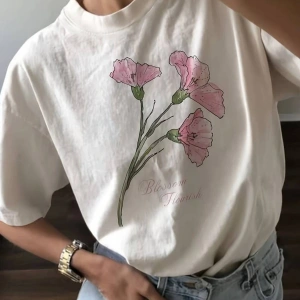 Kadın Çiçekli Baskılı Oversize Kısa Kollu Beyaz Pinterest