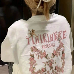 Kadın Çiçekli Baskılı Oversize Kısa Kollu Beyaz Pinterest