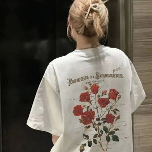 Kadın Çiçekli Baskılı Oversize Kısa Kollu Beyaz Pinterest