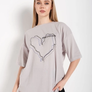 Kadın Çizgili Figür Kalp Boyamalı Gri T-shirt