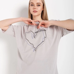 Kadın Çizgili Figür Kalp Boyamalı Gri T-shirt