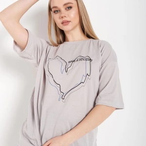 Kadın Çizgili Figür Kalp Boyamalı Gri T-shirt