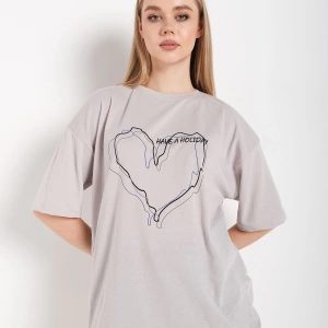 Kadın Çizgili Figür Kalp Boyamalı Gri T-shirt