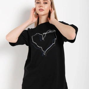 Kadın Çizgili Figür Kalp Siyah T-shirt Have A Holiday Baskılı