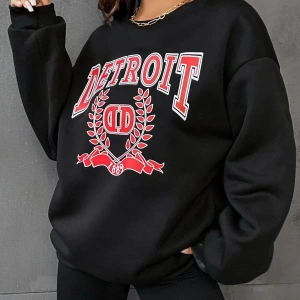 Kadın Detroıt Baskılı Oversize Bisiklet Yaka Sweatshirt