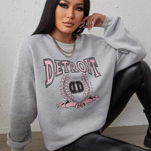 Kadın Detroıt Baskılı Oversize Bisiklet Yaka Sweatshirt