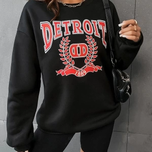 Kadın Detroıt Baskılı Oversize Bisiklet Yaka Sweatshirt