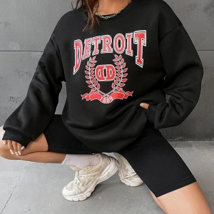 Kadın Detroıt Baskılı Oversize Bisiklet Yaka Sweatshirt