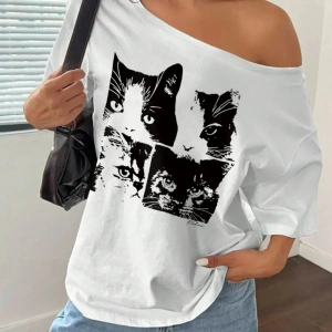 Kadın Düşük Omuz Kayık Yaka Baskılı