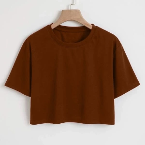 Kadın Düz Bisiklet Yaka Oversize Crop T-shirt 04CRP