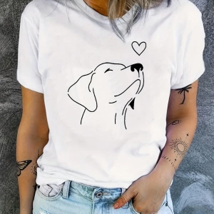 Kadın Düz Renk Yuvarlak Yaka Kısa Kollu Köpek Baskılı Rahat Bol Tişört