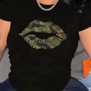 Kadın Düz Renk Yuvarlak Yaka Kısa Kollu Retro Opossum Baskılı Basit Üst, Günlük ve Günlük Giy