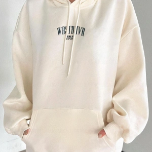 Kadın Ekru Dont Announce Baskılı 3 iplik Şardonlu Kapüşonlu Oversize Salaş Bol Ke Beyaz