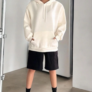 Kadın Ekru Düz Kapüşonlu Oversize 3 iplik Şardonlu Salaş Bol Kesim Hoodie Sweatsh Beyaz