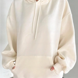 Kadın Ekru Düz Kapüşonlu Oversize 3 iplik Şardonlu Salaş Bol Kesim Hoodie Sweatsh Beyaz
