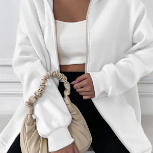Kadin Ekru Kapüşonlu Fermuarlı 3 Üç Iplik Polar Kanguru Oversize Salaş Sweatshirt Beyaz