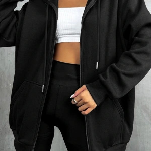 Kadin Ekru Kapüşonlu Fermuarlı 3 Üç Iplik Polar Kanguru Oversize Salaş Sweatshirt Beyaz