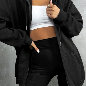 Kadin Ekru Kapüşonlu Fermuarlı 3 Üç Iplik Polar Kanguru Oversize Salaş Sweatshirt Beyaz