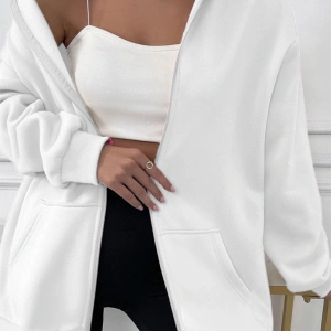 Kadin Ekru Kapüşonlu Fermuarlı 3 Üç Iplik Polar Kanguru Oversize Salaş Sweatshirt Beyaz