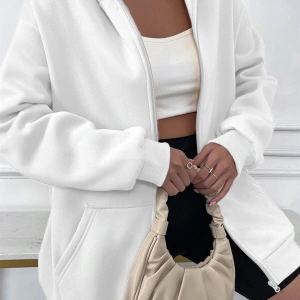 Kadin Ekru Kapüşonlu Fermuarlı 3 Üç Iplik Polar Kanguru Oversize Salaş Sweatshirt Beyaz