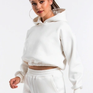 Kadın Ekru Renk Kapüşonlu Crop Kesim Sweatshirt Cy84196 Beyaz