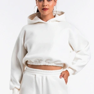 Kadın Ekru Renk Kapüşonlu Crop Kesim Sweatshirt Cy84196 Beyaz