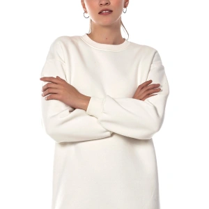 Kadın Ekru Renk Uzun Kesim Basic Örme Sweatshirt Cy84197 Beyaz