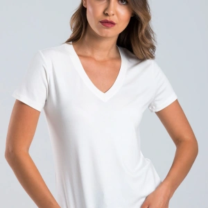 Kadın Ekru Renk V Yaka Kısa Kollu Viskon T-Shirt