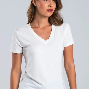 Kadın Ekru Renk V Yaka Kısa Kollu Viskon T-Shirt