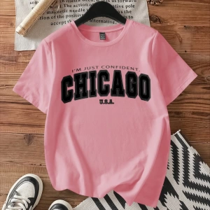 Kadın Fitted Chicago Grafik Yuvarlak Yaka Kısa Kollu Pamuklu Tişört, Yaz İçin Uygun