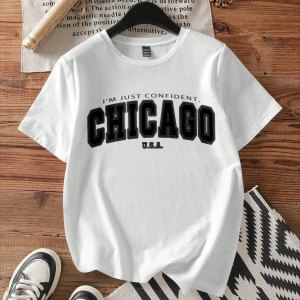 Kadın Fitted Chicago Grafik Yuvarlak Yaka Kısa Kollu Pamuklu Tişört, Yaz İçin Uygun