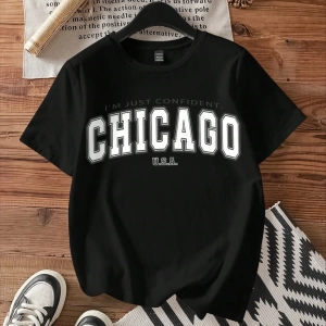 Kadın Fitted Chicago Grafik Yuvarlak Yaka Kısa Kollu Pamuklu Tişört, Yaz İçin Uygun