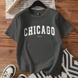 Kadın Fitted Chicago Grafik Yuvarlak Yaka Kısa Kollu Pamuklu Tişört, Yaz İçin Uygun
