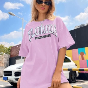 Kadın FLORİDA Renkli Özel Baskılı Renkli Oversize Bisiklet Yaka Penye T-Shirt