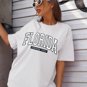 Kadın FLORİDA Renkli Özel Baskılı Renkli Oversize Bisiklet Yaka Penye T-Shirt