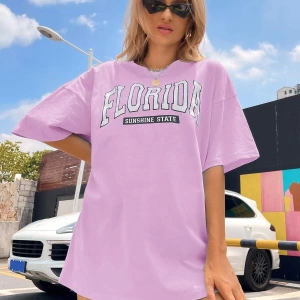 Kadın FLORİDA Renkli Özel Baskılı Renkli Oversize Bisiklet Yaka Penye T-Shirt