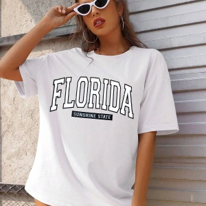 Kadın FLORİDA Renkli Özel Baskılı Renkli Oversize Bisiklet Yaka Penye T-Shirt