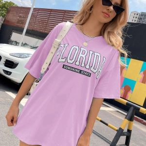 Kadın FLORİDA Renkli Özel Baskılı Renkli Oversize Bisiklet Yaka Penye T-Shirt