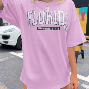 Kadın FLORİDA Renkli Özel Baskılı Renkli Oversize Bisiklet Yaka Penye T-Shirt