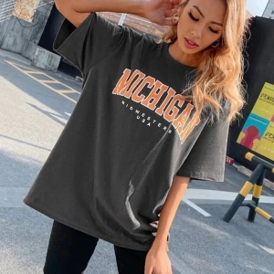 Kadın Füme Oversize Michigan Baskılı T-shirt