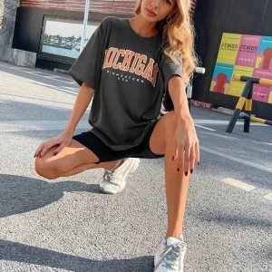 Kadın Füme Oversize Michigan Baskılı T-shirt