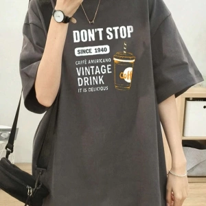 Kadın Füme Vintage Drink Baskılı Oversize T-shirt