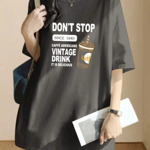 Kadın Füme Vintage Drink Baskılı Oversize T-shirt