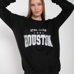 Kadın Gri Houston Baskılı Bisiklet Yaka Oversize Sweatshirt mdgnhouston